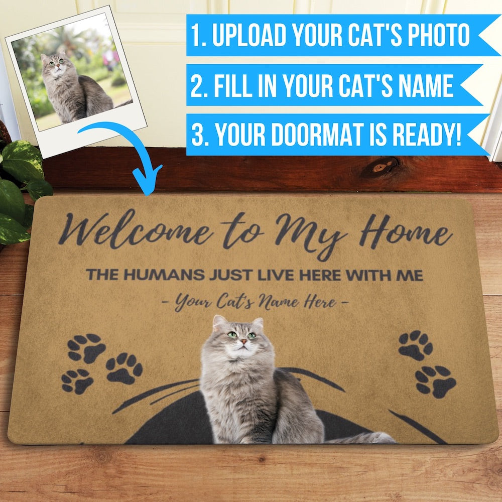 Custom Cat Doormat (Photo + Name) – ‘The Humans Just Live Here’