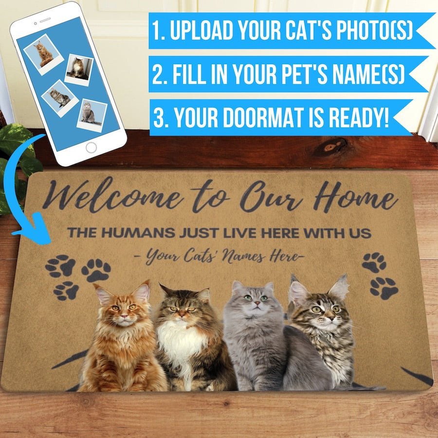 Custom Cat Doormat (Photo + Name) – ‘The Humans Just Live Here’