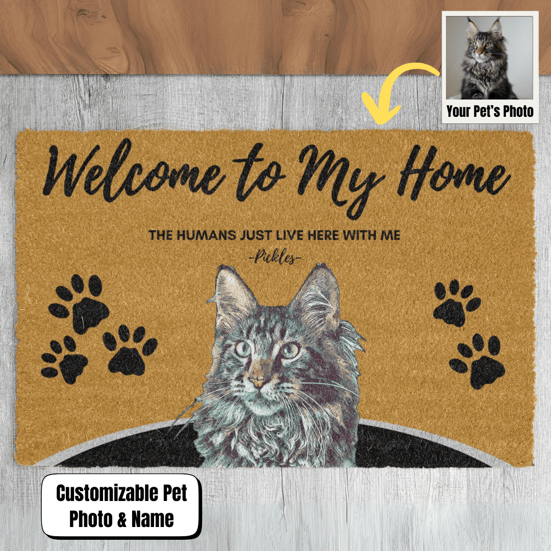 Custom Cat Doormat (Photo + Name) – ‘The Humans Just Live Here’