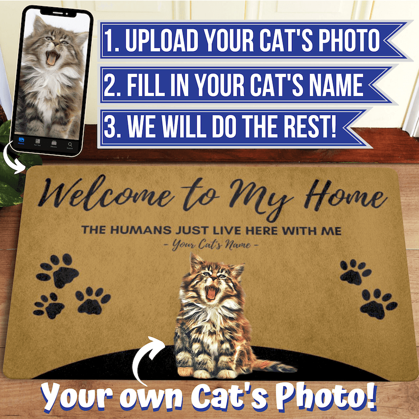 Custom Cat Doormat (Photo + Name) – ‘The Humans Just Live Here’